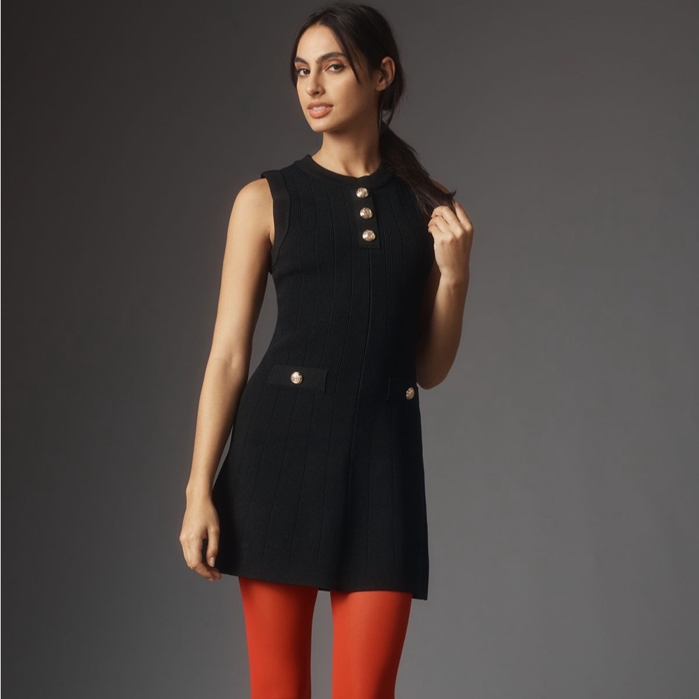 Anthropologie Endless Rose Black Sleeveless Knit Mini Dress with Gold Buttons